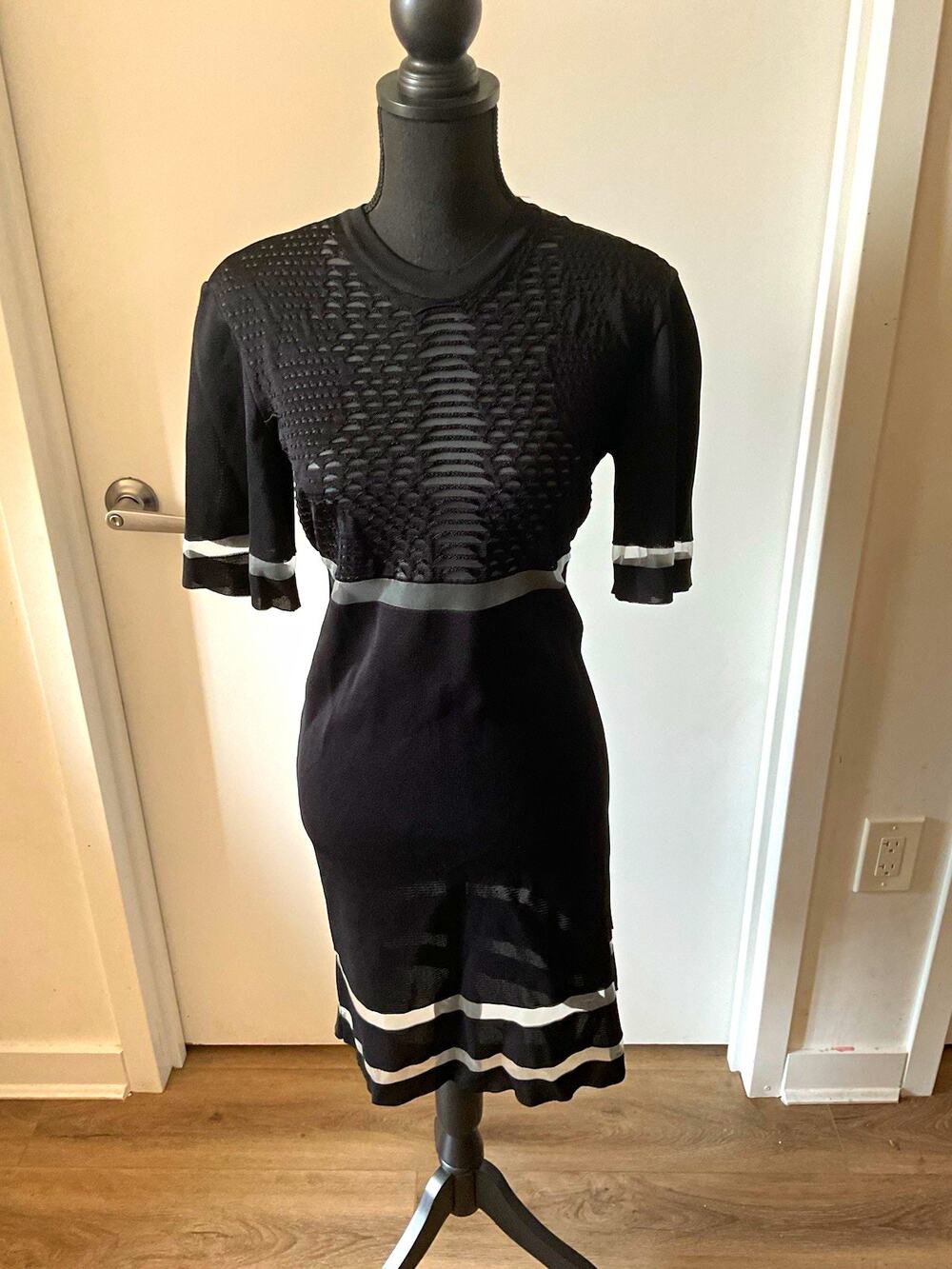 Alexander Wang x H&M Black/Gray Knit Sheath Dress Mesh 3/4 Sleeve Sz S